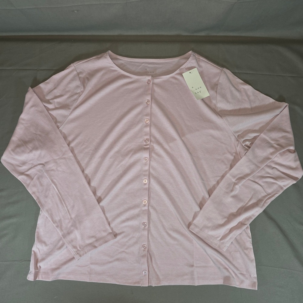 A New Day Womens 2X Pink Button Front Cardigan Long Sleeve Ribbed Top NEW 4412XX